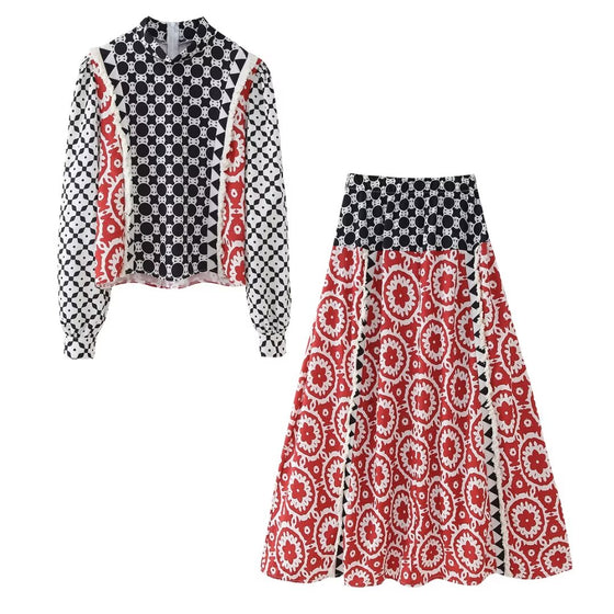 Print Long Sleeve Blouse and Midi Skirt Set