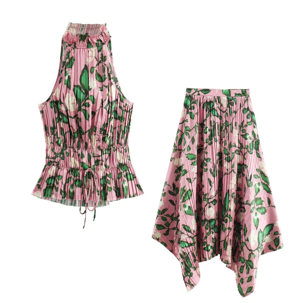 
                      
                        Printed Pleated Sleeveless Top and Matching Midi Skirt
                      
                    