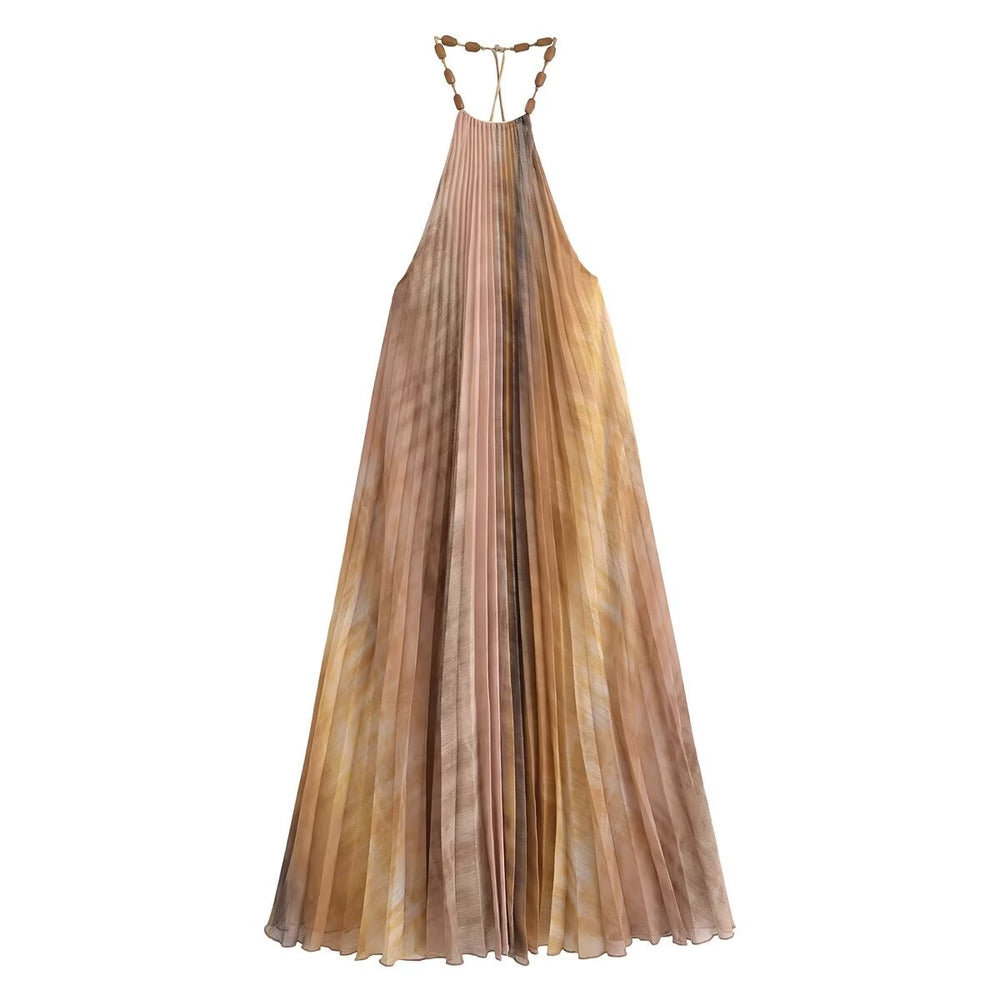 Beaded A Line Pleated Maxi Dress