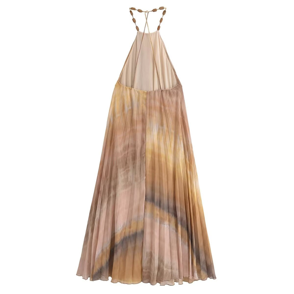 Beaded A Line Pleated Maxi Dress