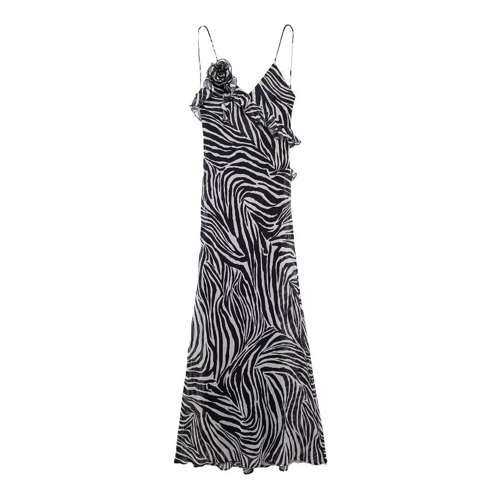 
                      
                        Rosette Zebra Print Spaghetti Strap Maxi Dress
                      
                    