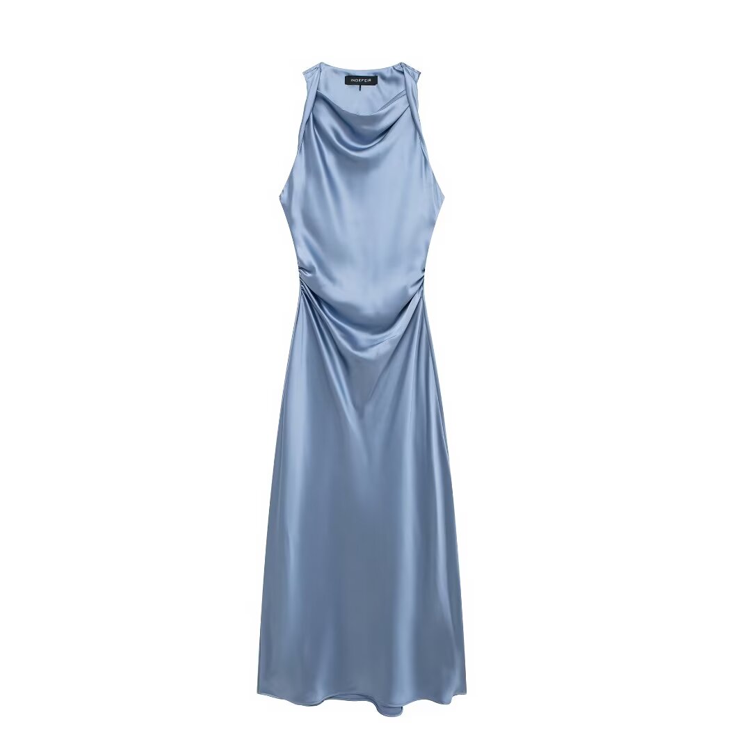 Ruched Sleeveless Satin Maxi Dress