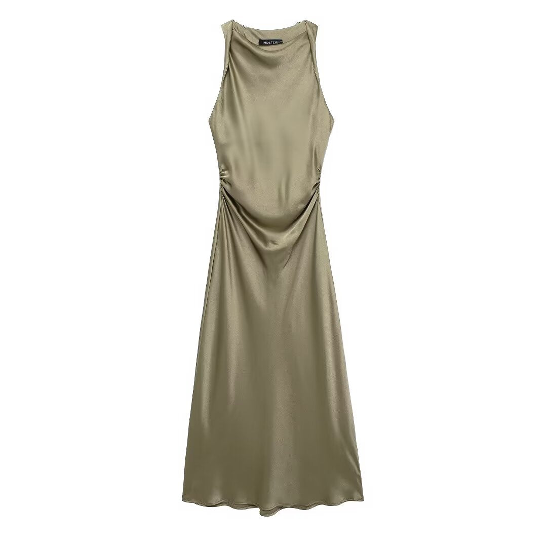 Ruched Sleeveless Satin Maxi Dress