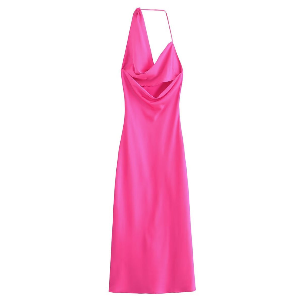 
                      
                        Asymmetric Satin Midi Halter Dress
                      
                    