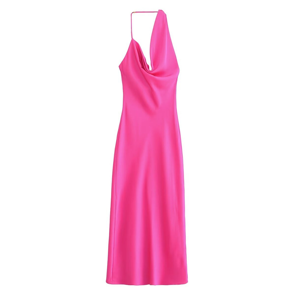 
                      
                        Asymmetric Satin Midi Halter Dress
                      
                    