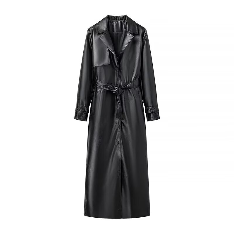 Long Sleeve PU Full Length Trench Coat