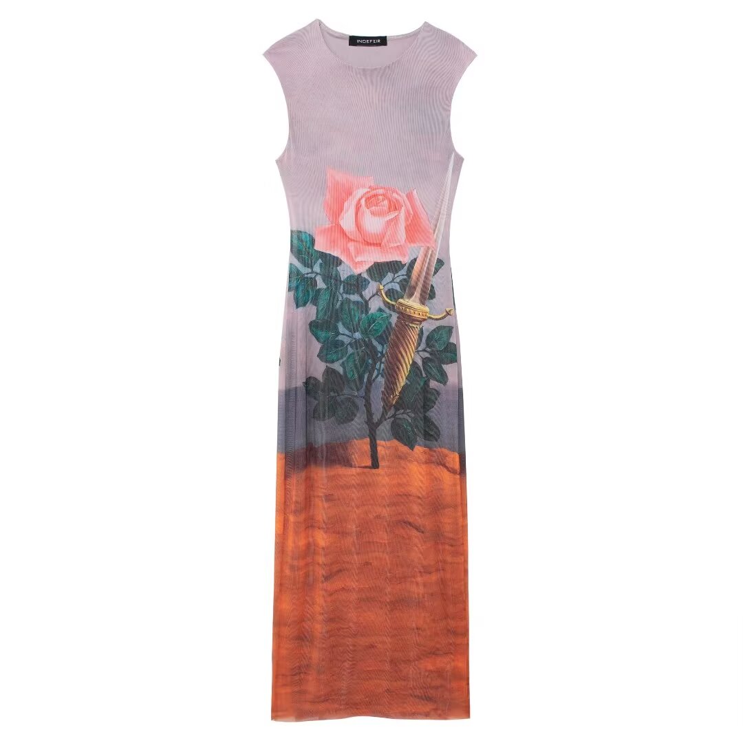 Graphic Print Sleeveless Midi Dress