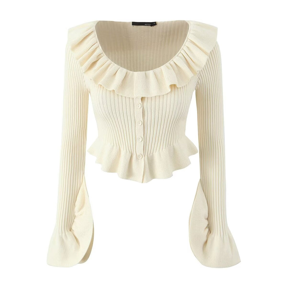 
                      
                        Ruffle Trim Ribbed Buttoned Sweater
                      
                    