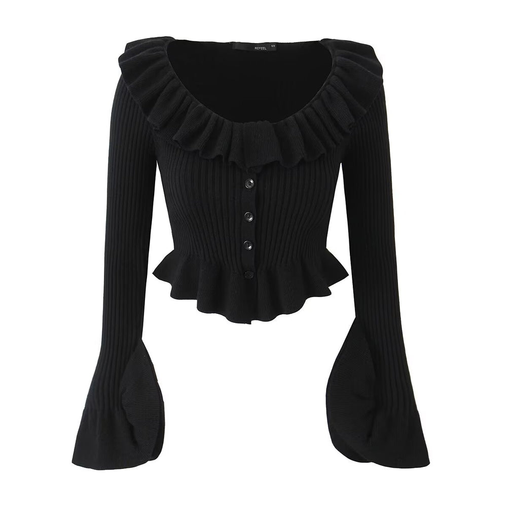 
                      
                        Ruffle Trim Ribbed Buttoned Sweater
                      
                    