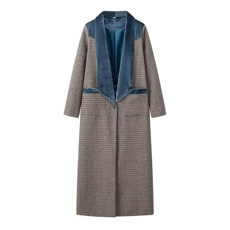 
                      
                        Houndstooth and Blue Velvet Long Sleeve Full Length Coat
                      
                    