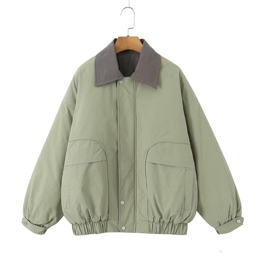 Contrast Collar Loose Fitted Green Jacket