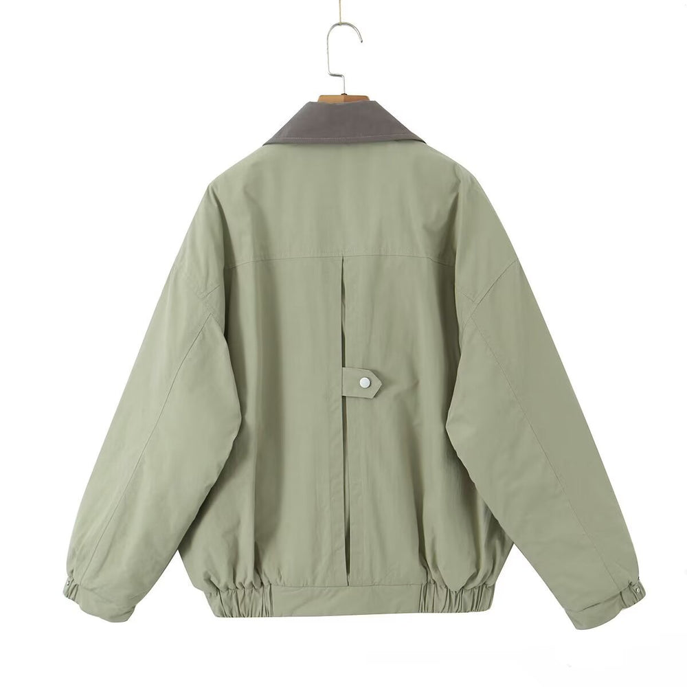 Contrast Collar Loose Fitted Green Jacket