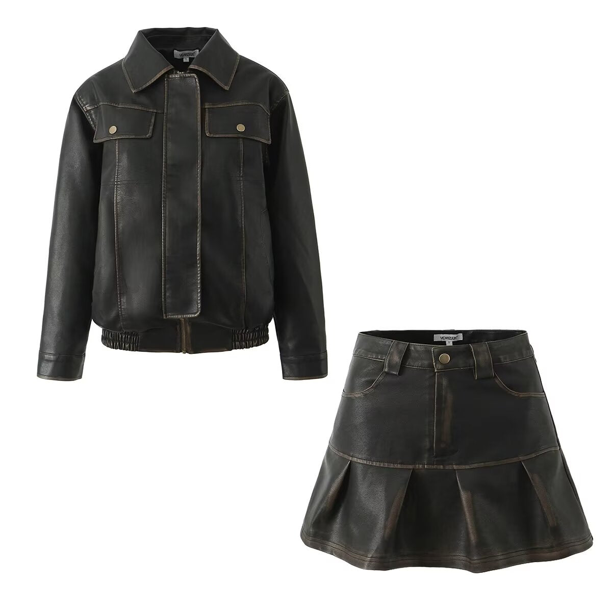 Vintage Style Leather Long Sleeve Top and Mini Skirt Set