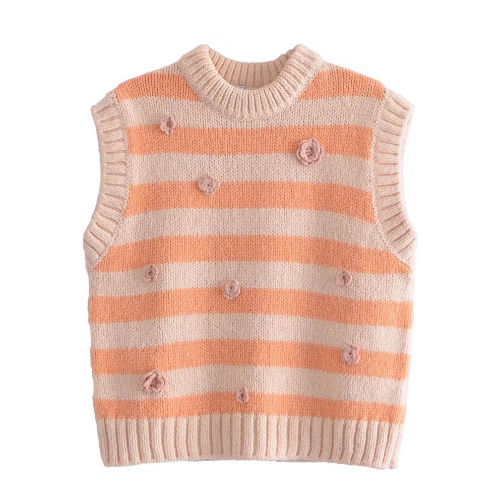 Sleeveless Striped Rosette Sweater