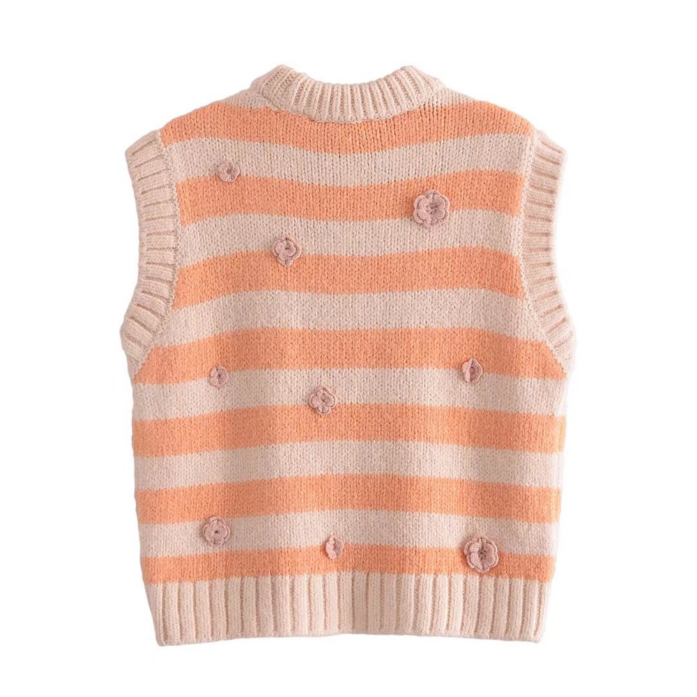 Sleeveless Striped Rosette Sweater