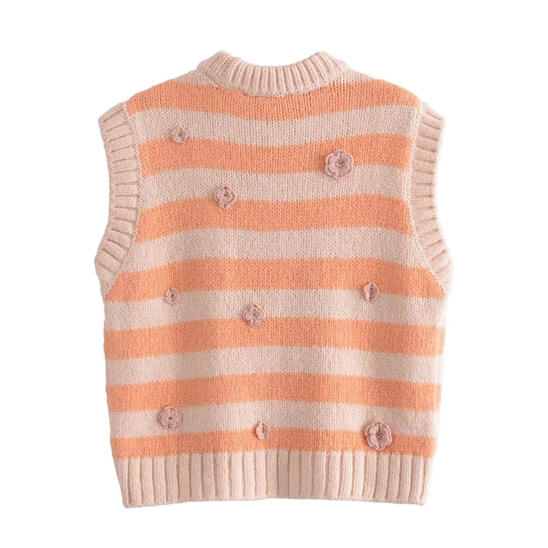 Sleeveless Striped Rosette Sweater