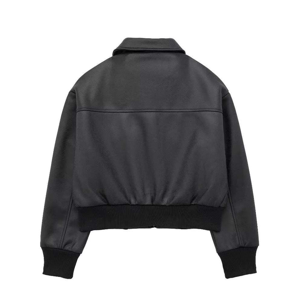 Faux Leather Zip Up Bomber Jacket