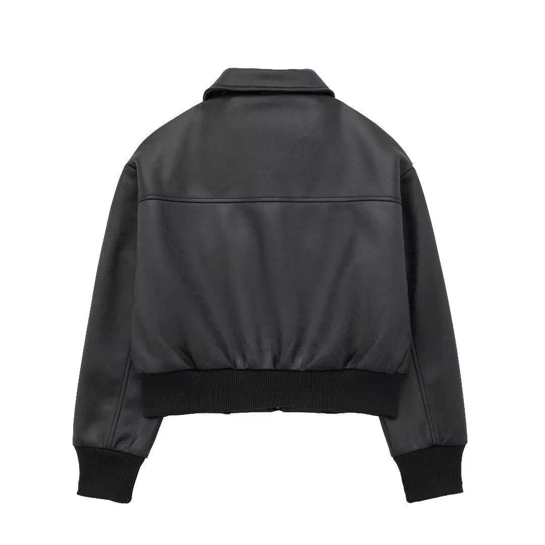 Faux Leather Zip Up Bomber Jacket