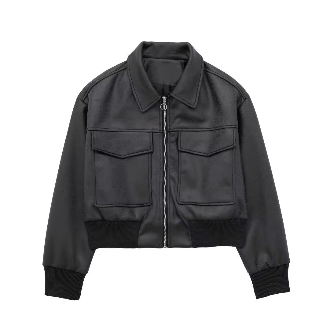 Faux Leather Zip Up Bomber Jacket