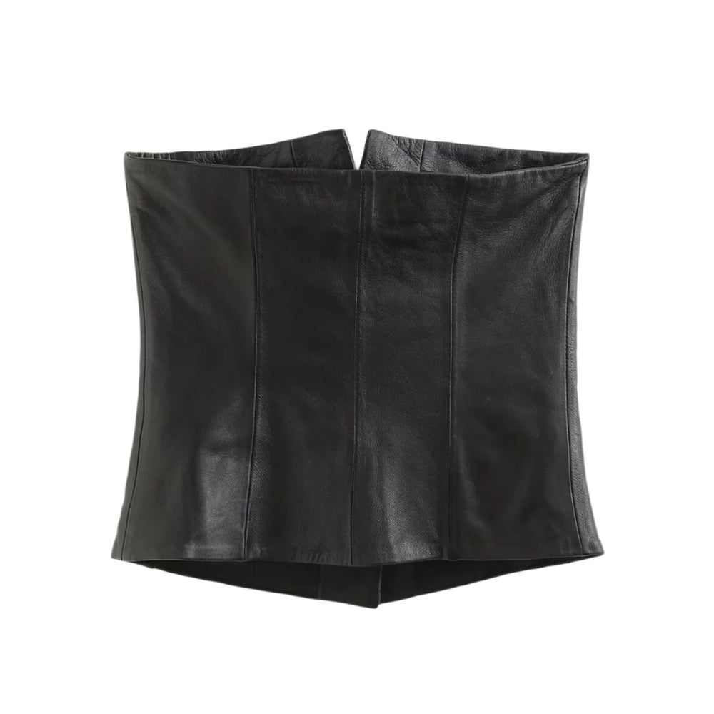 Faux Leather Button Front Strapless Top