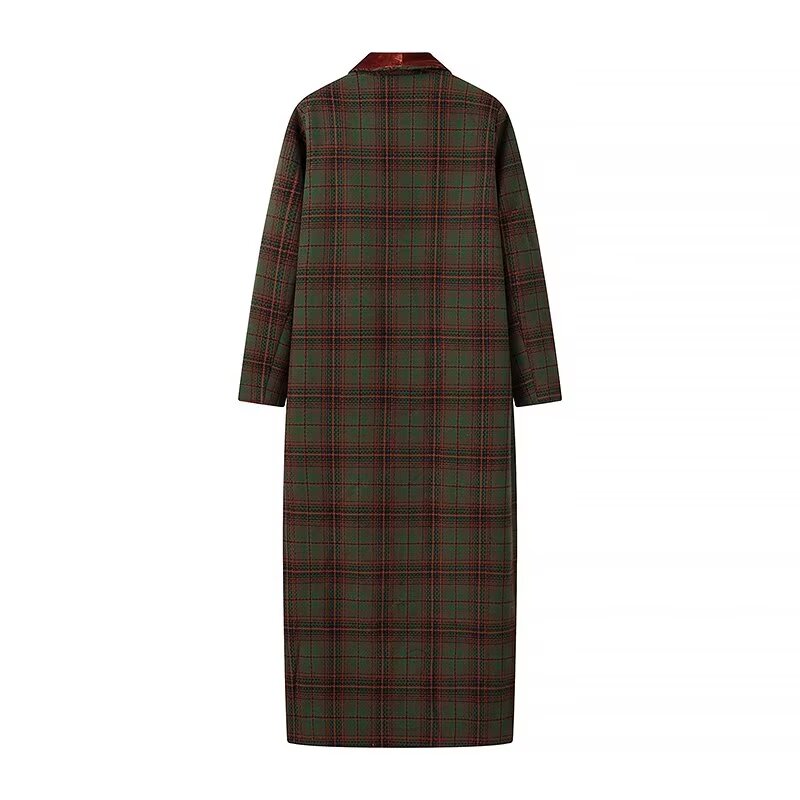 Velvet Trim Full Length Plaid Coat