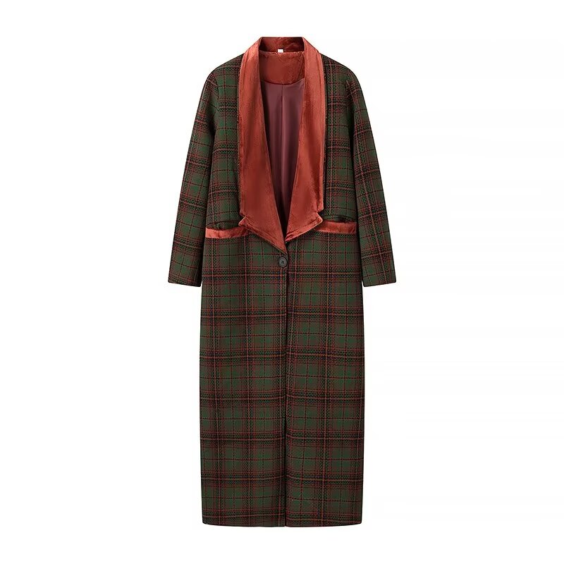 Velvet Trim Full Length Plaid Coat