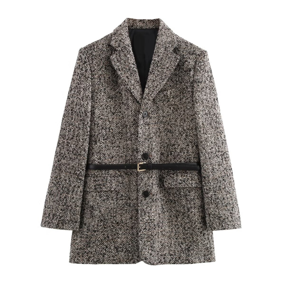 Tweed V-Neck Belted Coat