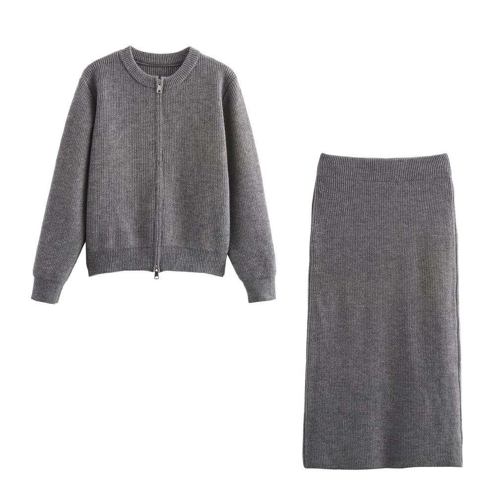 
                  
                    Zip Up Cardigan Sweater and Midi Skirt Set
                  
                