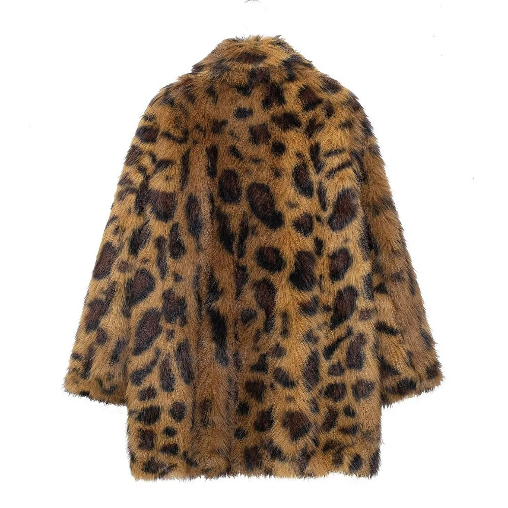 Leopard Print Long Sleeve Faux Fur Coat