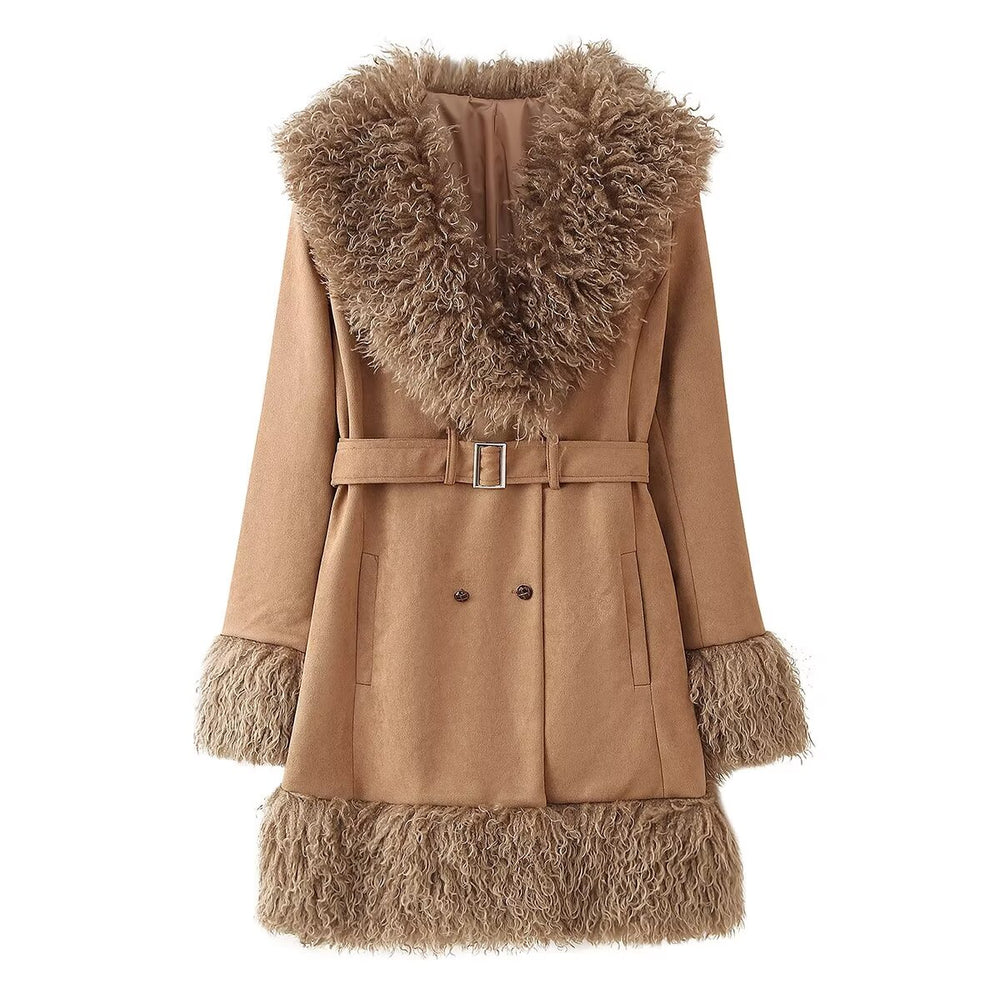 Faux Fur Trim Belted 3/4 Length Coat