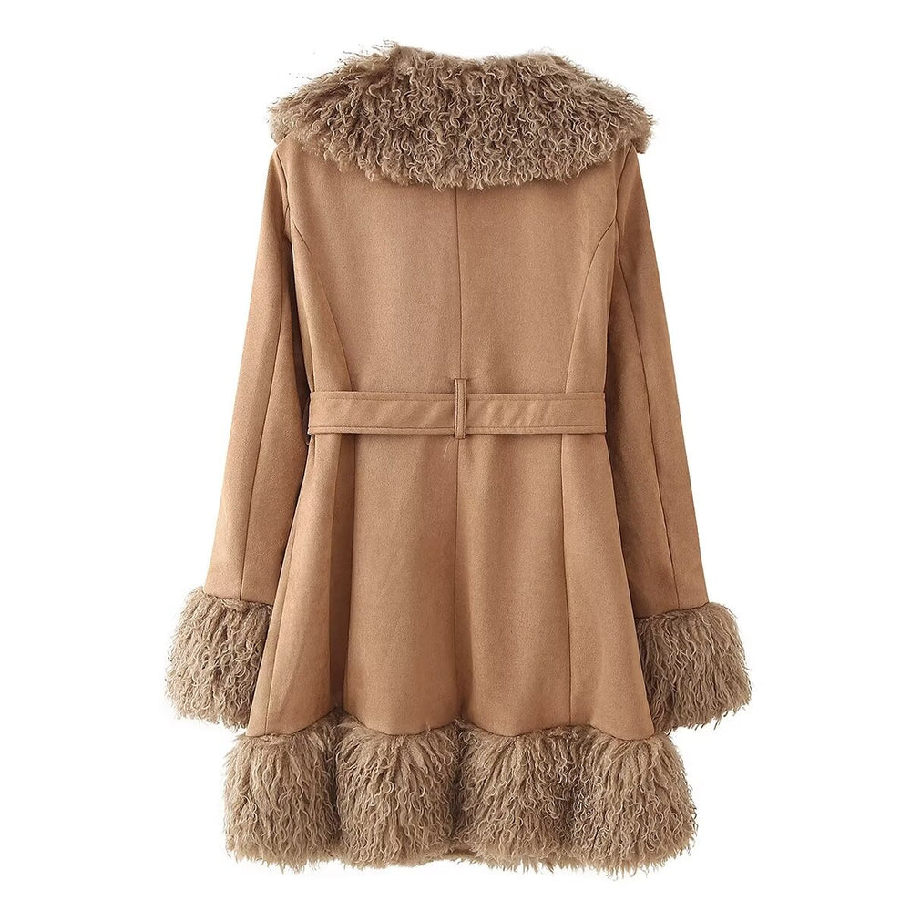 Faux Fur Trim Belted 3/4 Length Coat