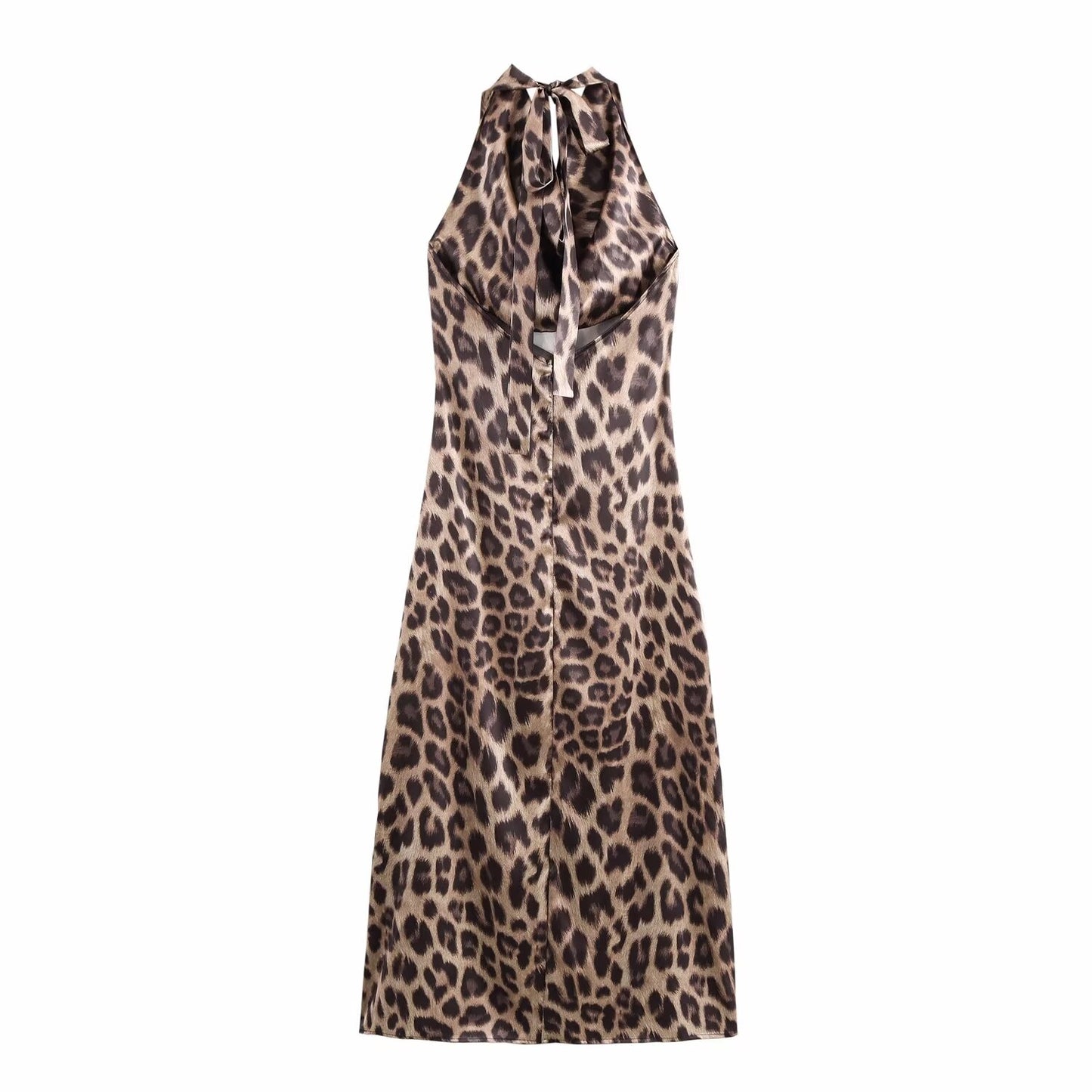 Low Cut Satin Leopard Print Halter Maxi Dress