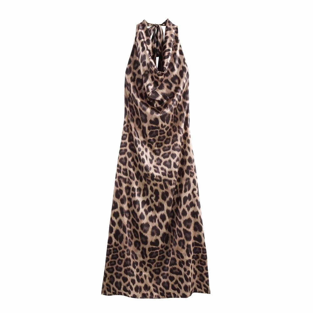 Low Cut Satin Leopard Print Halter Maxi Dress