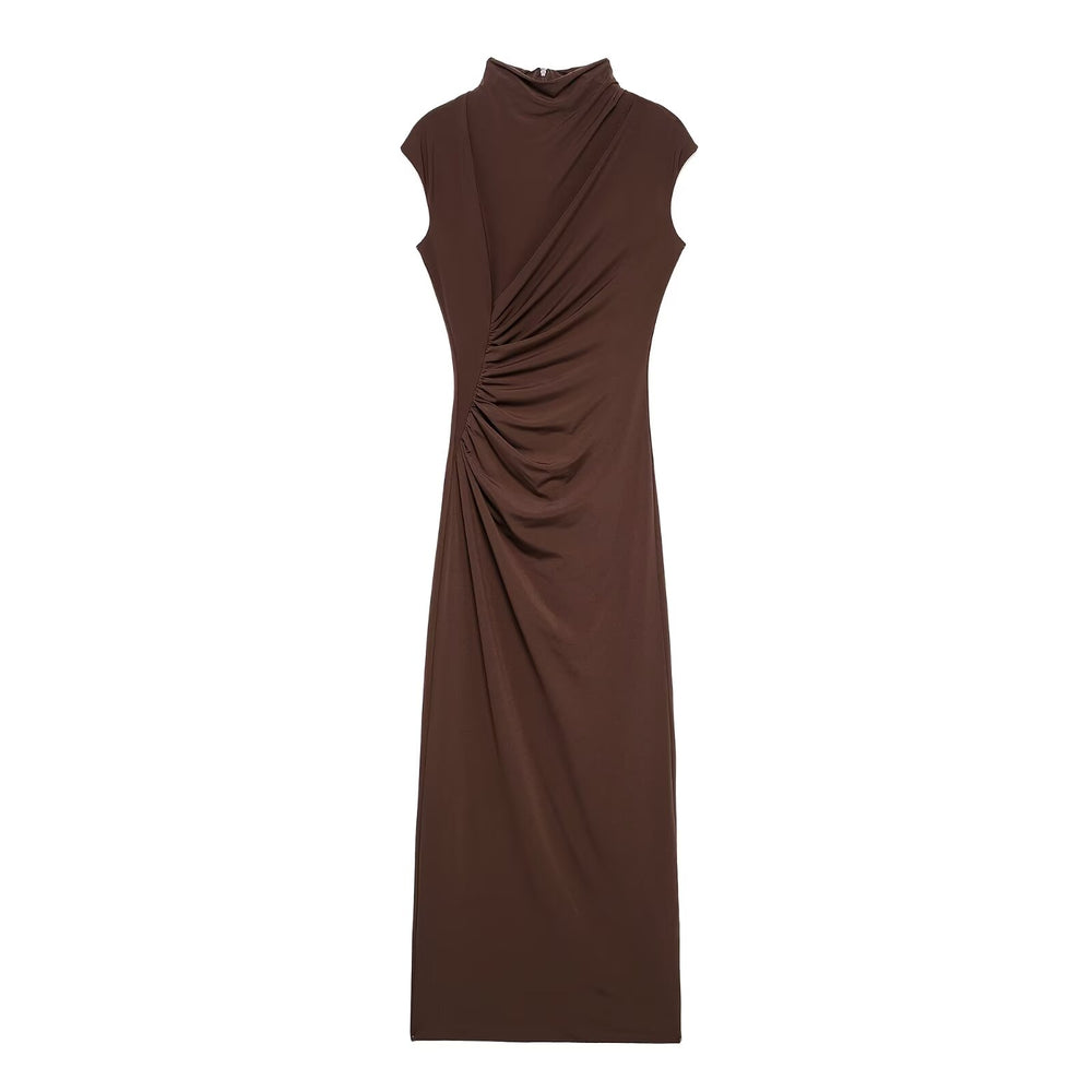 Cap Sleeve Mock Neck Ruched Maxi Dress