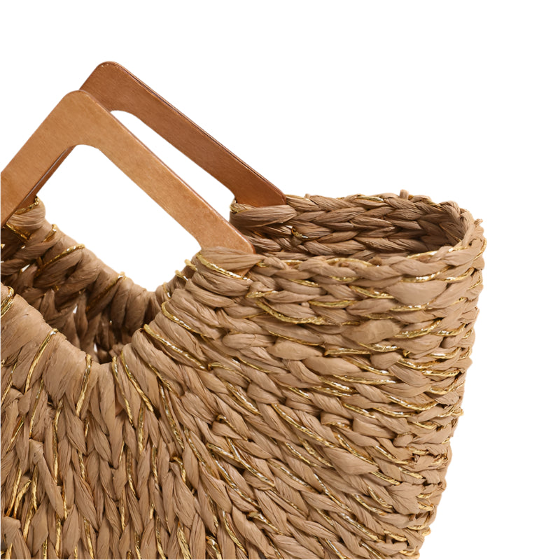 Diamond Shaped Wooden Handle Straw Bag