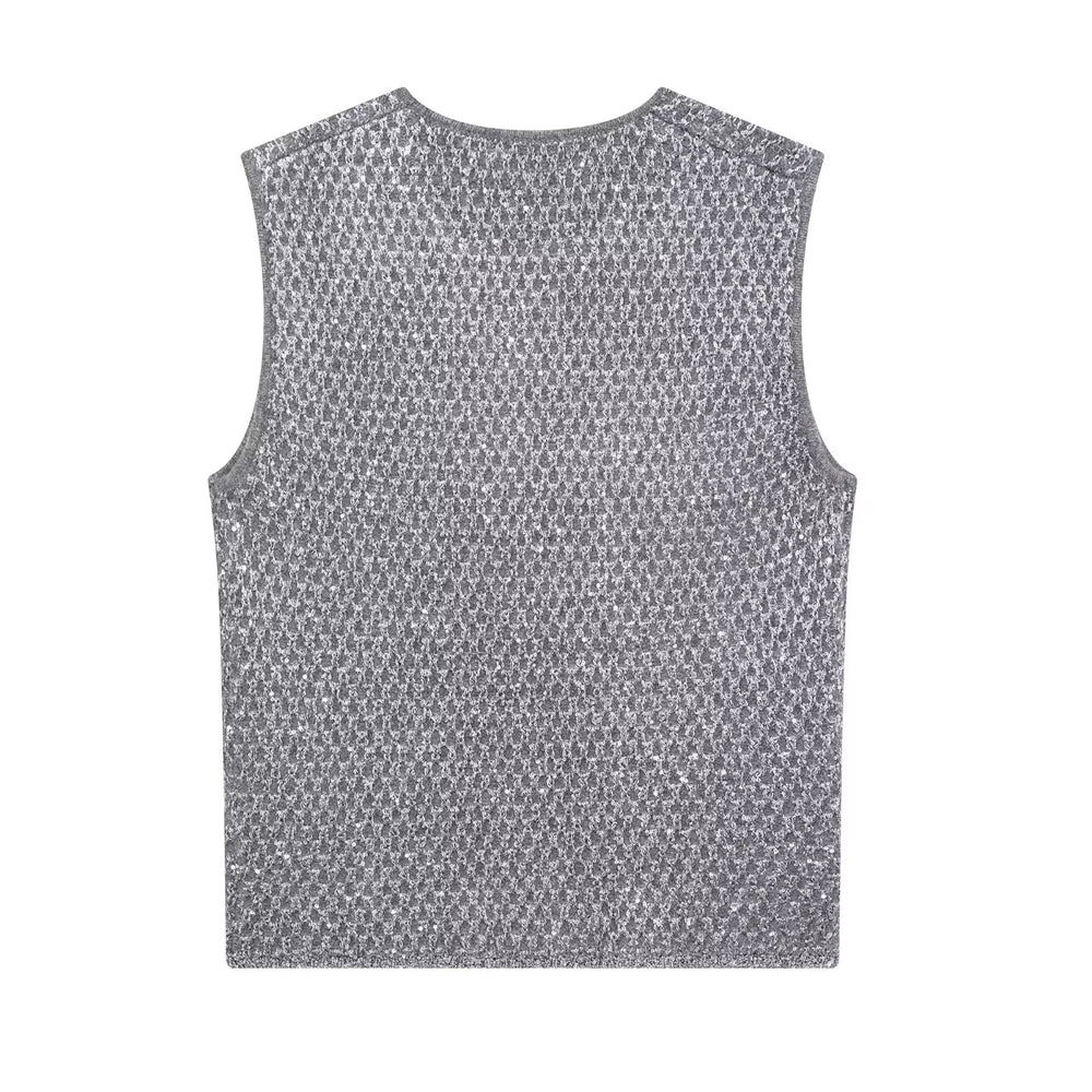 Sleeveless Metallic and Gray Knit Top