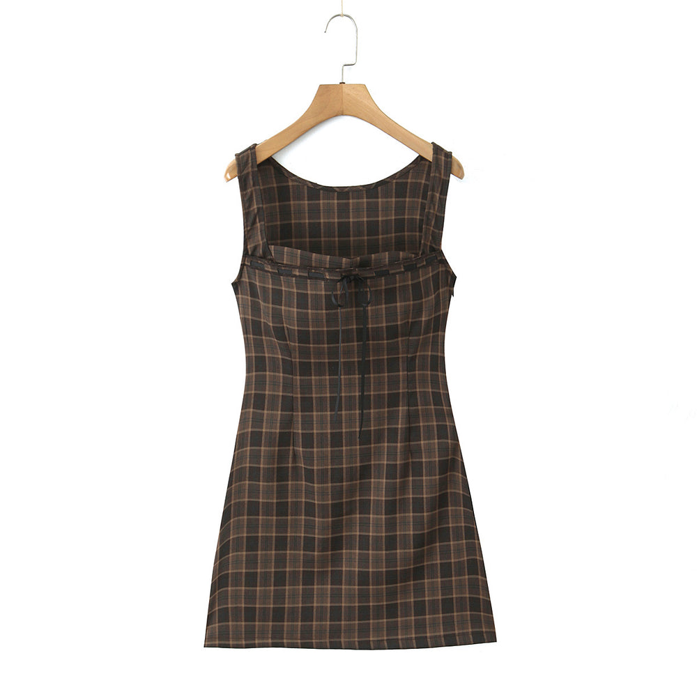 Plaid Sleeveless Sweetheart Neckline Mini Dress