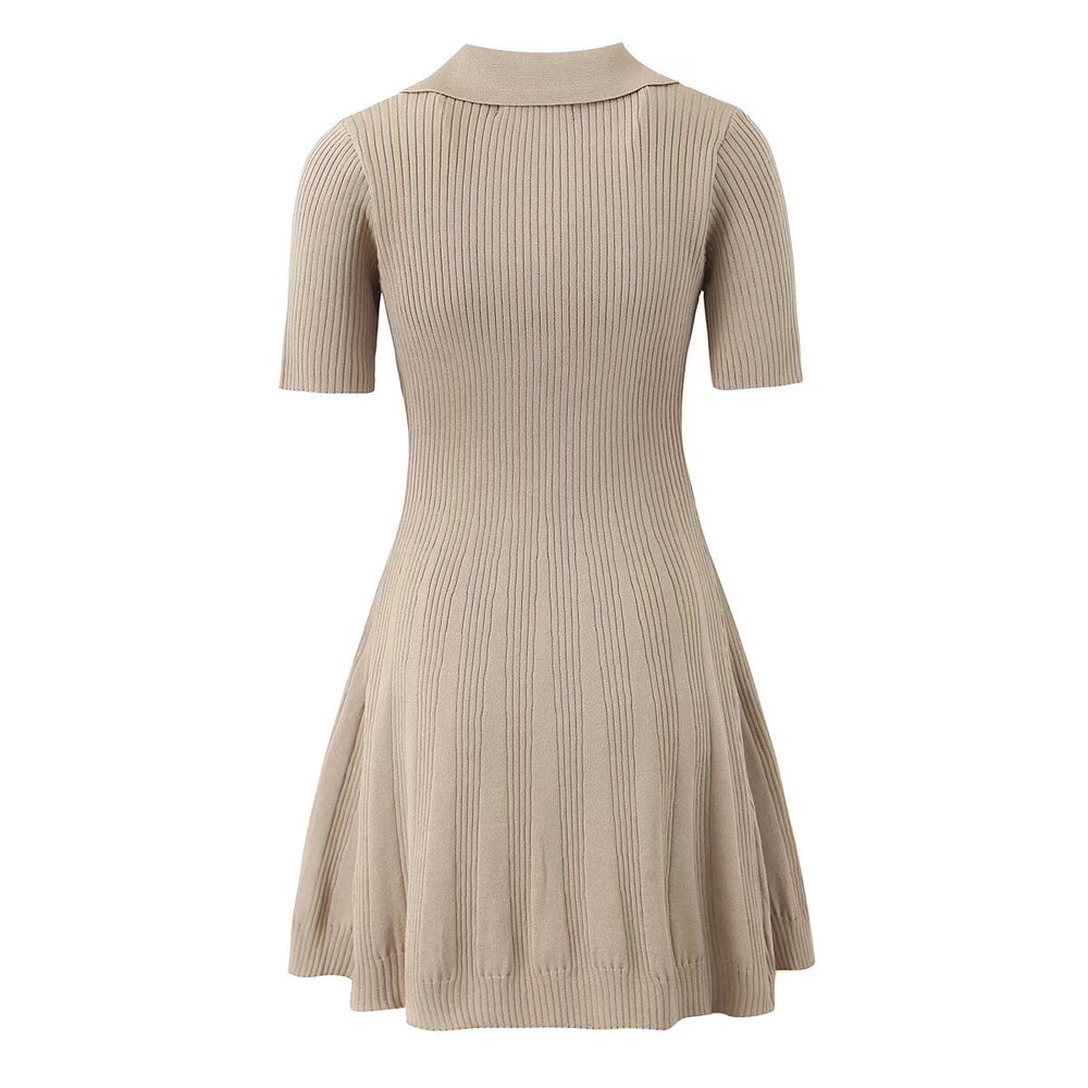 Collared Deep V Rib Knit Fit and Flare Mini Dress