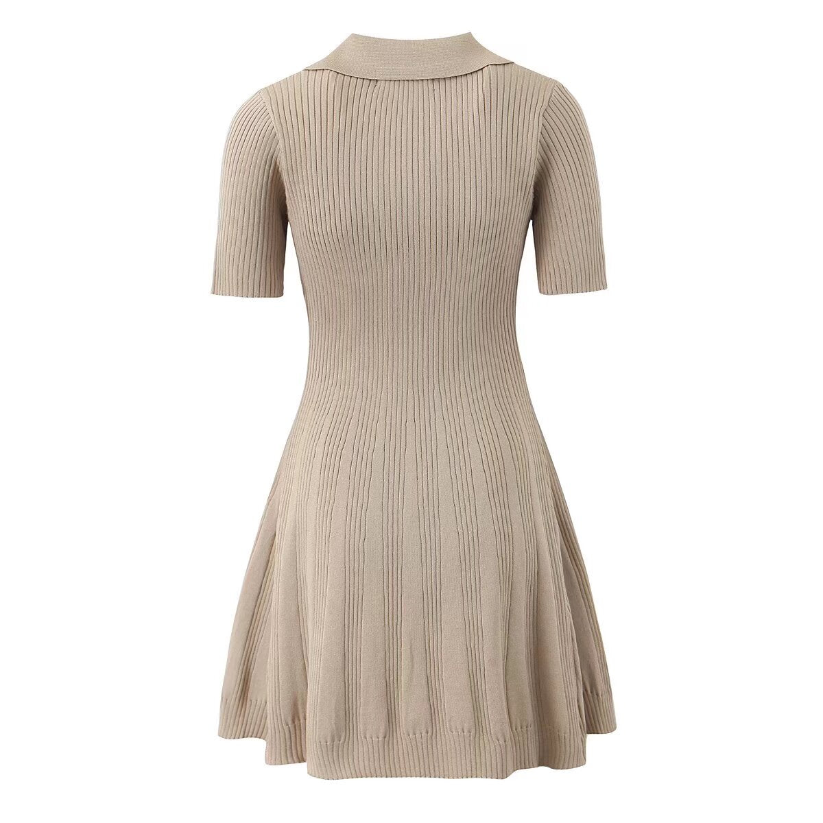 Collared Deep V Rib Knit Fit and Flare Mini Dress