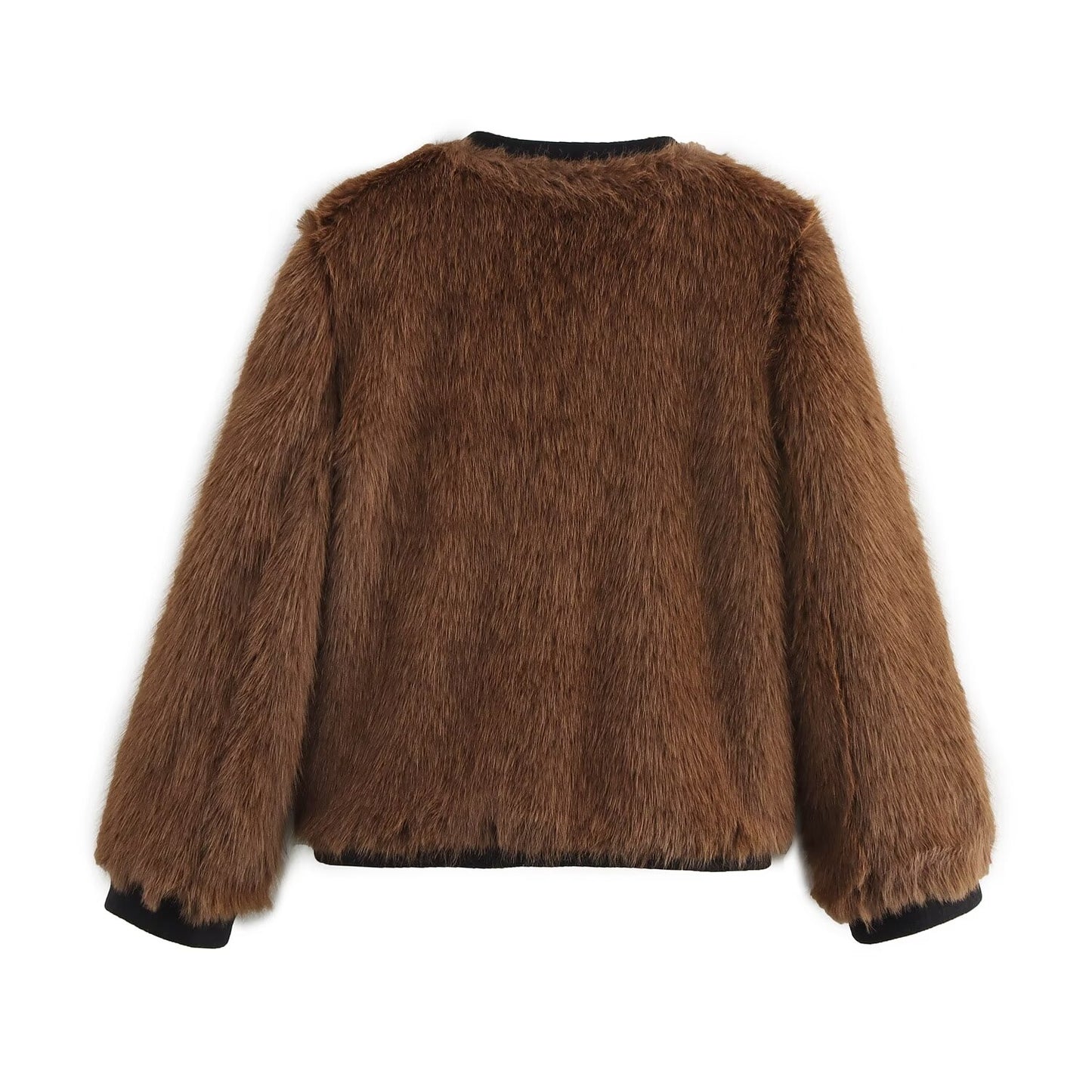 Black Trim Brown Faux Fur Coat