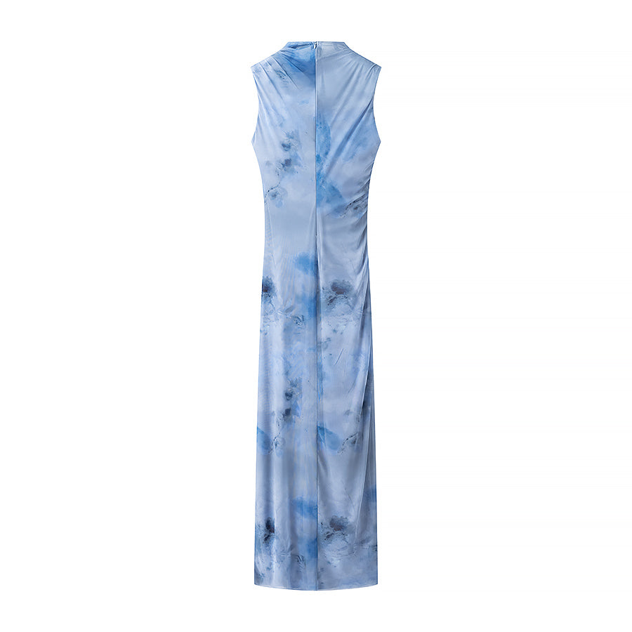 Mesh Floral Print Ruched Maxi Dress