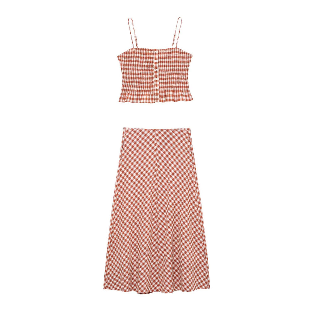 Gingham Print Spaghetti Strap Peplum Top and Skirt Set