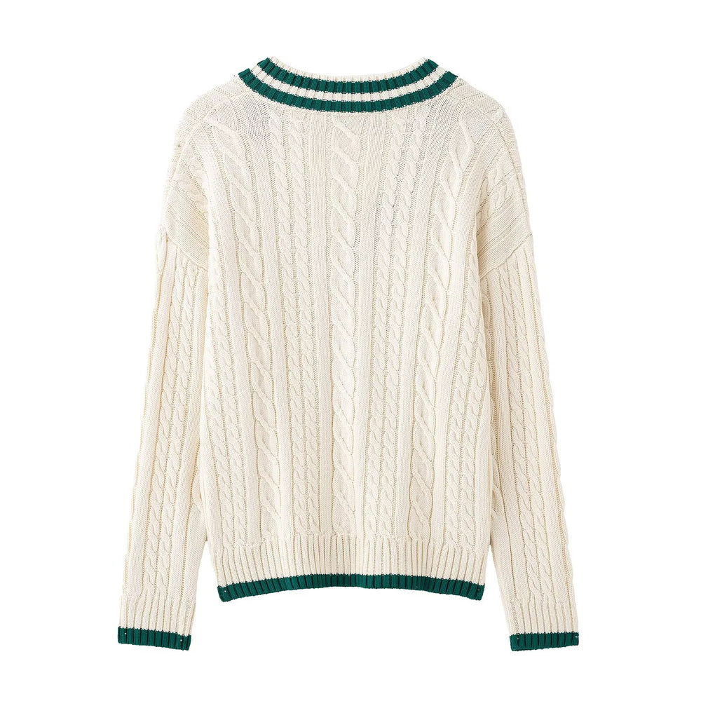 V-Neck Long Sleeve Cable Knit Sweater