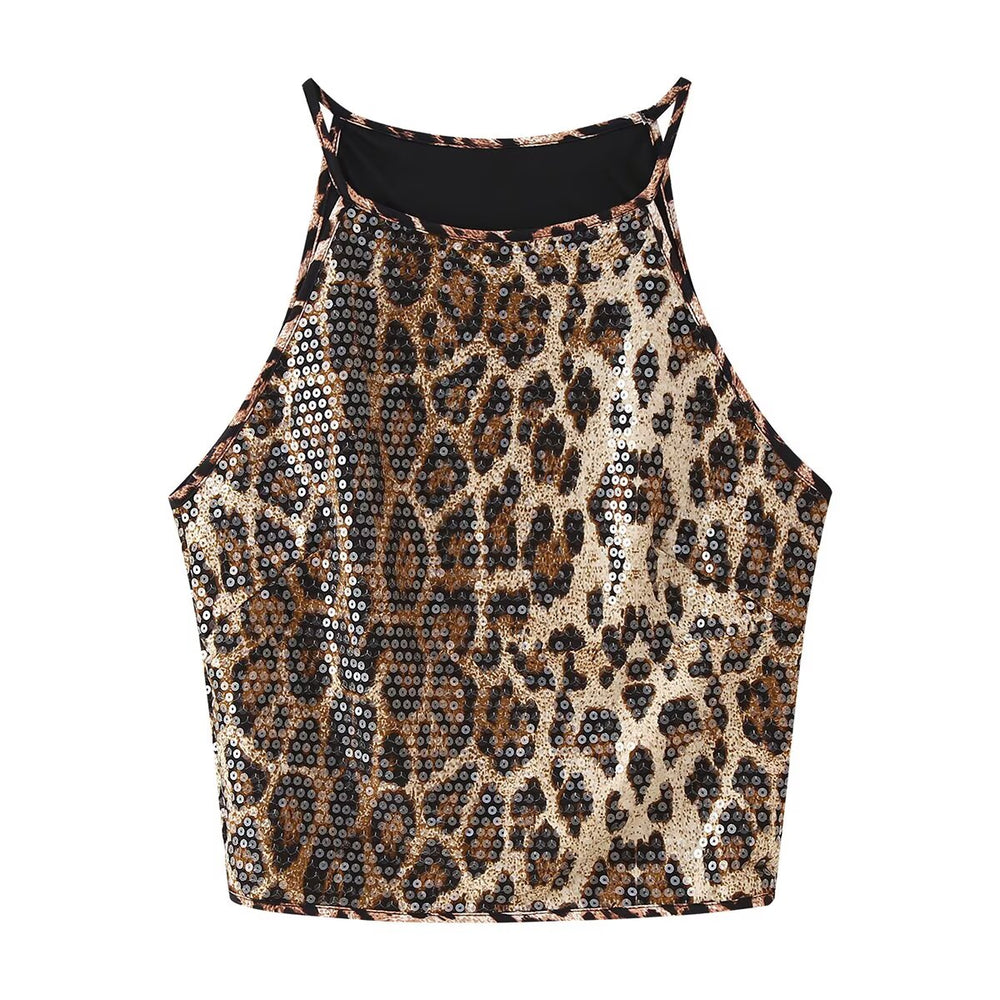 Leopard Print Sequin Cropped Top