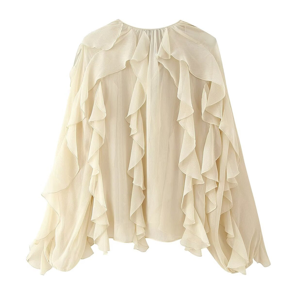 V neck Ruffle Long Sleeve Blouse