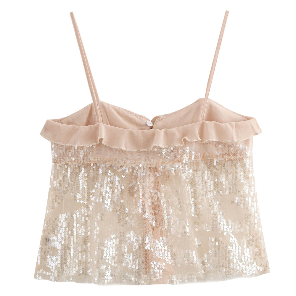 Sequin Spaghetti Strap Ruffled Lace Top