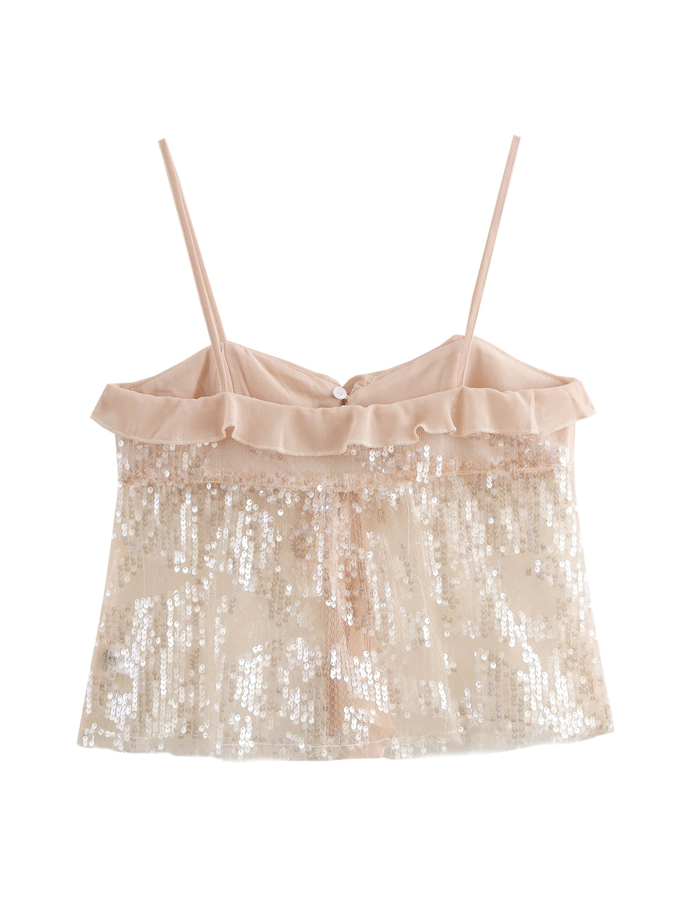 Sequin Spaghetti Strap Ruffled Lace Top