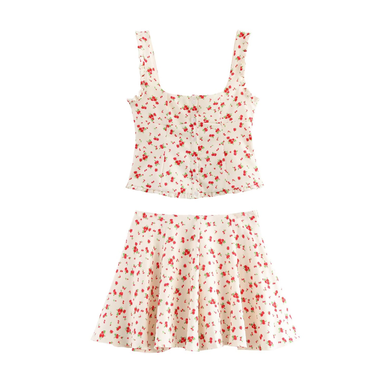 Floral Print Square Collar Top and Mini Skirt Set