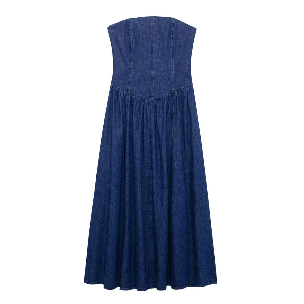 Drop Waist Strapless Denim Dress