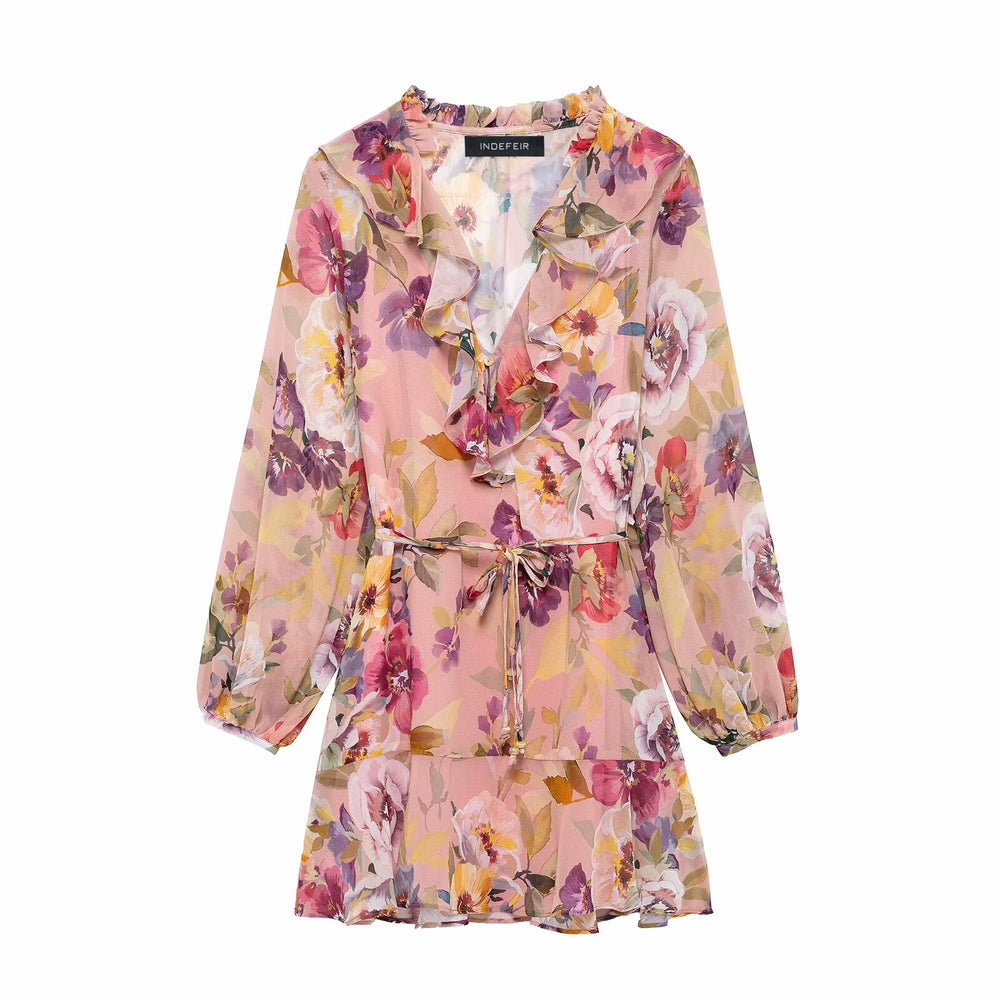 Ruffle V-Neckline Floral Print Mini Dress